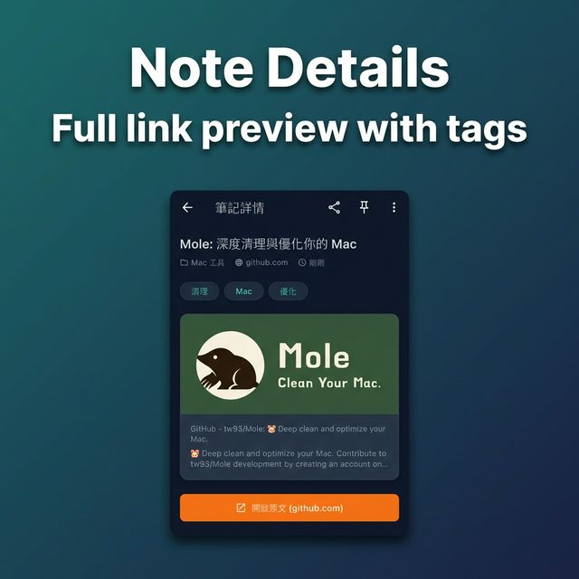 Note Details — full link preview with tags